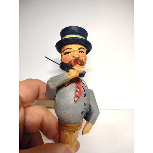 ANRI Phone Call Man Bottle Stopper Wood Carved Puppet Barware Vintage Mechanical - Picture 7 of 8